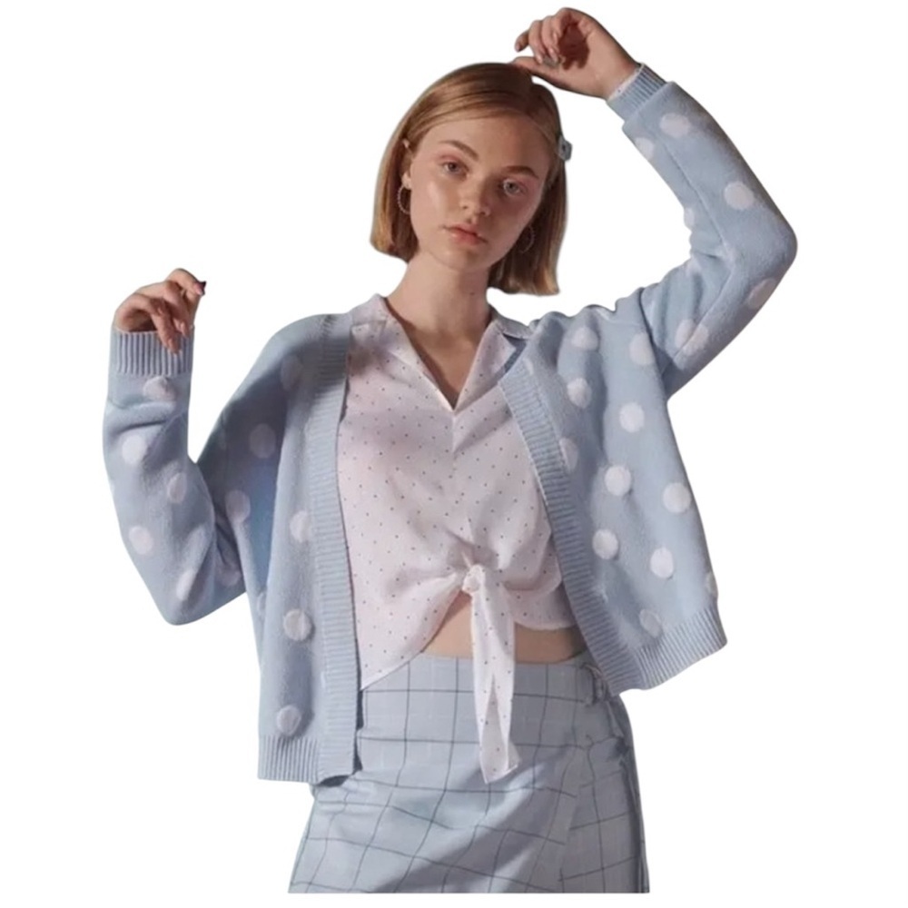 BCB Generation Baby Blue & White Pocket Dot Cardigan Sweater Size XXS